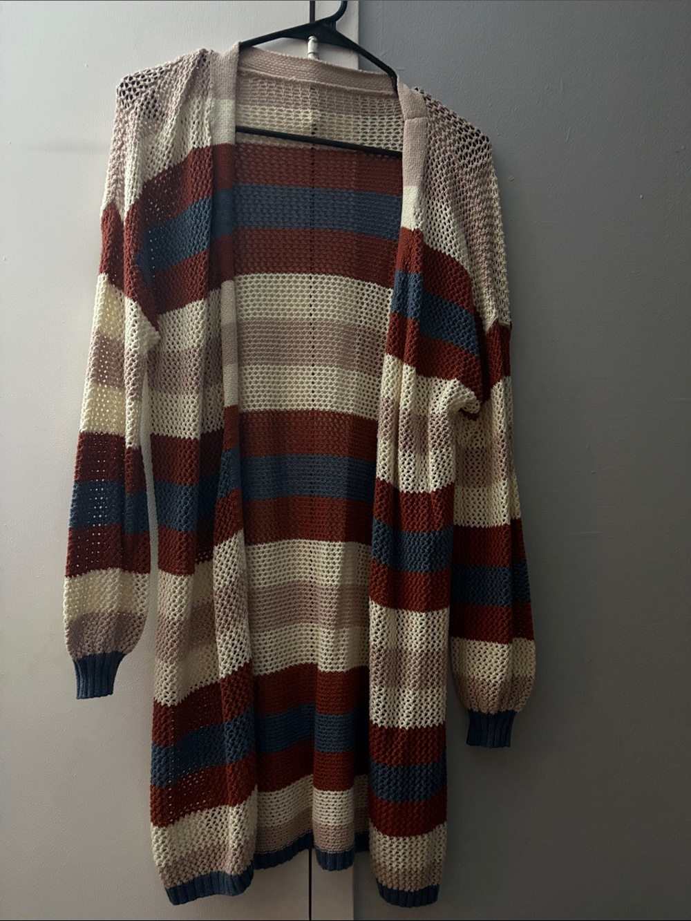 Striped Open-Front Knit Cardigan - Cream, Rust & Blue